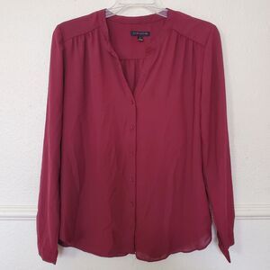 Audrey‎ & Celine Blouse Button Up V Neck Womens Small Maroon Sheer Long Sleeve